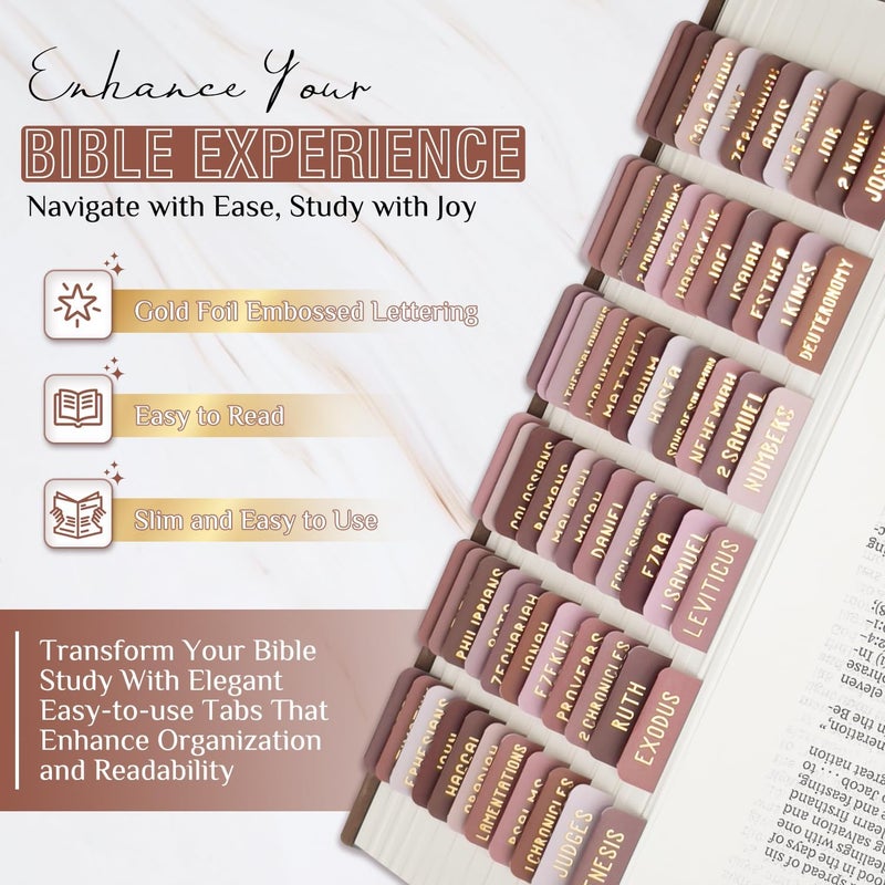 Uzriyl Laminated Bible Tabs, Bible Study Supplies, Large Print Bible Book Tabs for Women and Men, (Gold Foil Embossed Lettering) Bible Labels Index Tabs, Bible Accessories for Easy Navigation(Mocha Tone) - Image 2